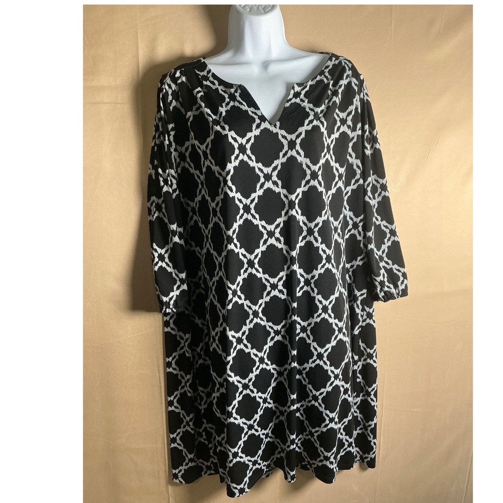 Black White Geometric Trellis‎ V-Neck Shift Dress 3/4 Sleeve Elastic Cuff 1078